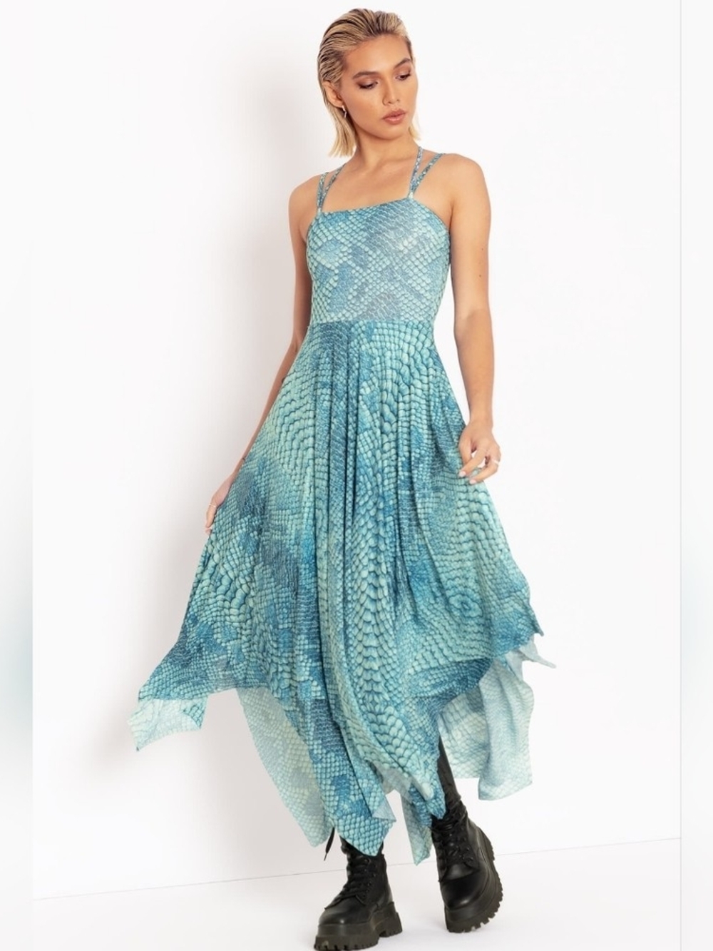 Blackmilk Sea Serpent Layered Handkerchief Blue Textured High-Low Midi Dress